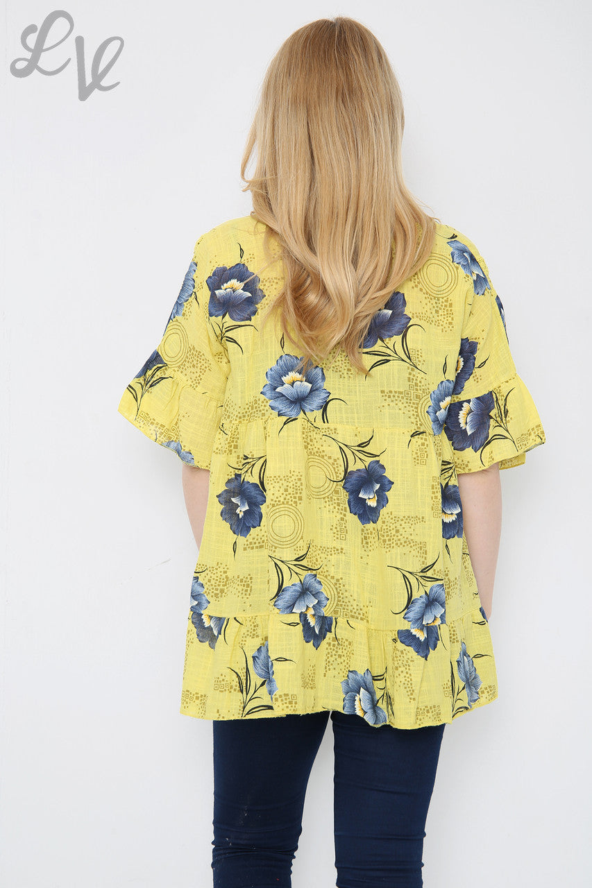 Dames Top met Bloemenprint Mosterd Stukprijs € 7,99