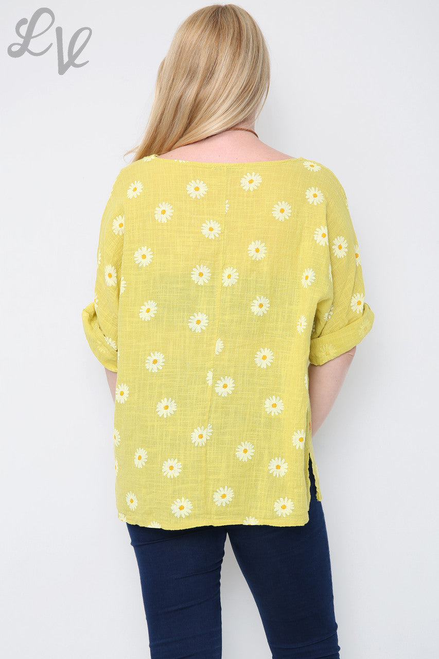 Ladies Daisies Floral Print Top Mustard