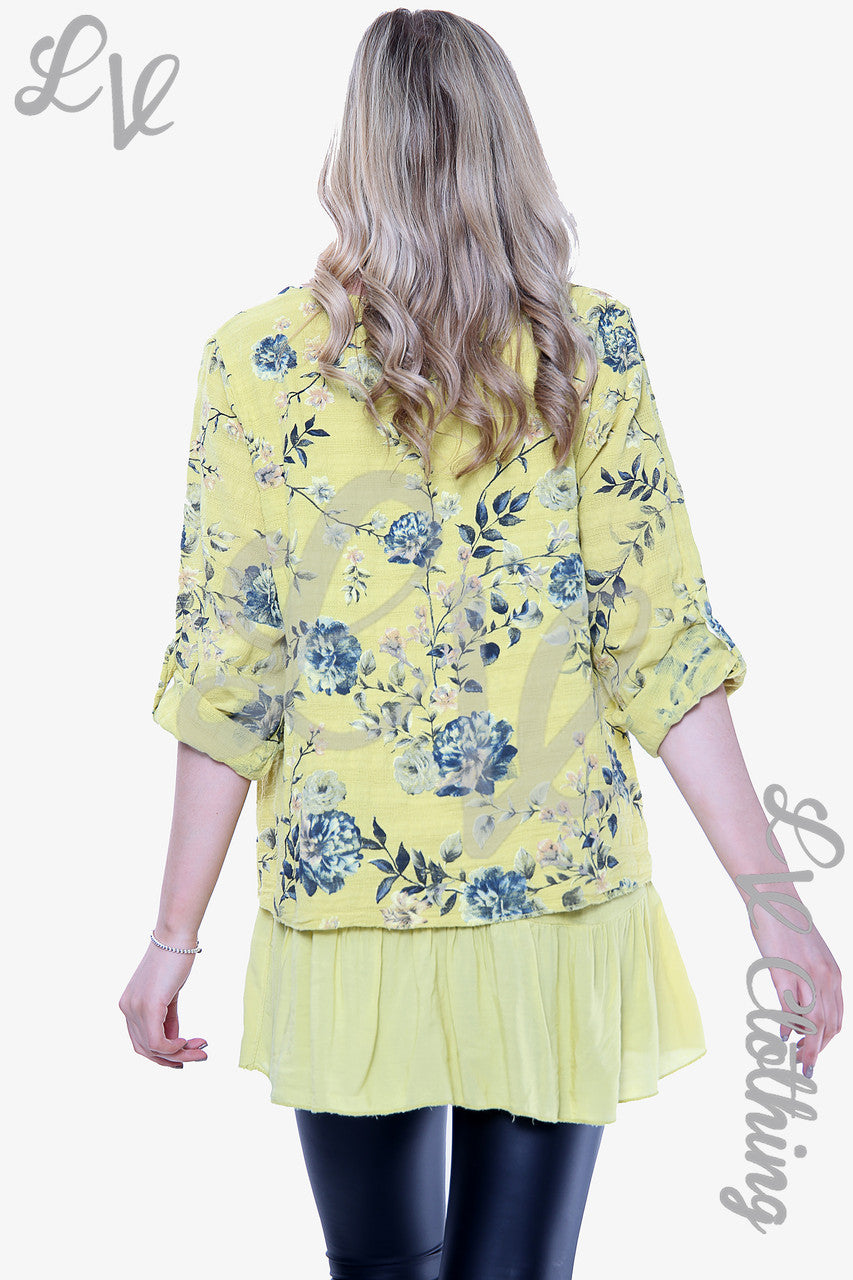 Dames Bloemenprint Top met Ruches Onderkant Mosterd Prijs per stuk WAS € 12,99 NU € 6,49