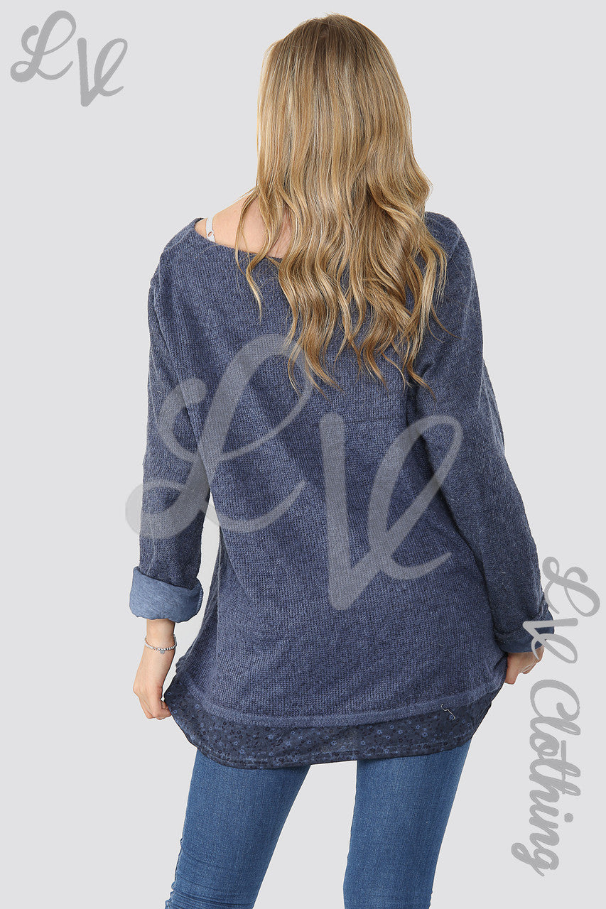 Ladies Floral Print Under-layer Jumper With Scarf Navy - Unit Price WAS £16.99 NOW £7.99