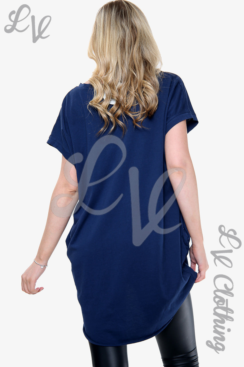 Dames Folie Hart Grafische Top Marine Stukprijs €10,99