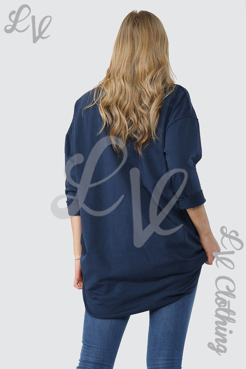 Dames Folie Hart Grafische Tuniek Top Marineblauw - Stukprijs € 15,99