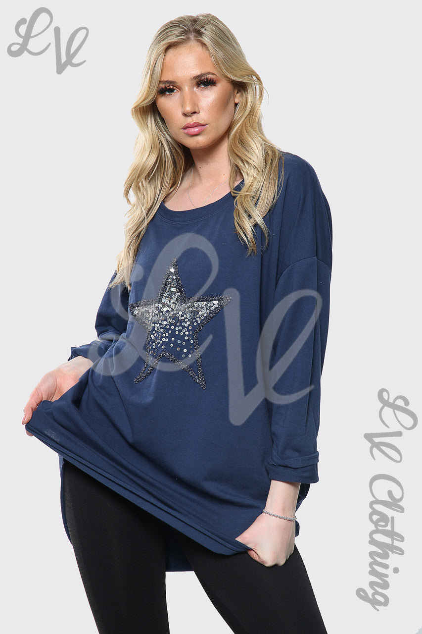 Ladies Silver Sequin Star Print Italian Oversize Top Navy Unit Price £13.99