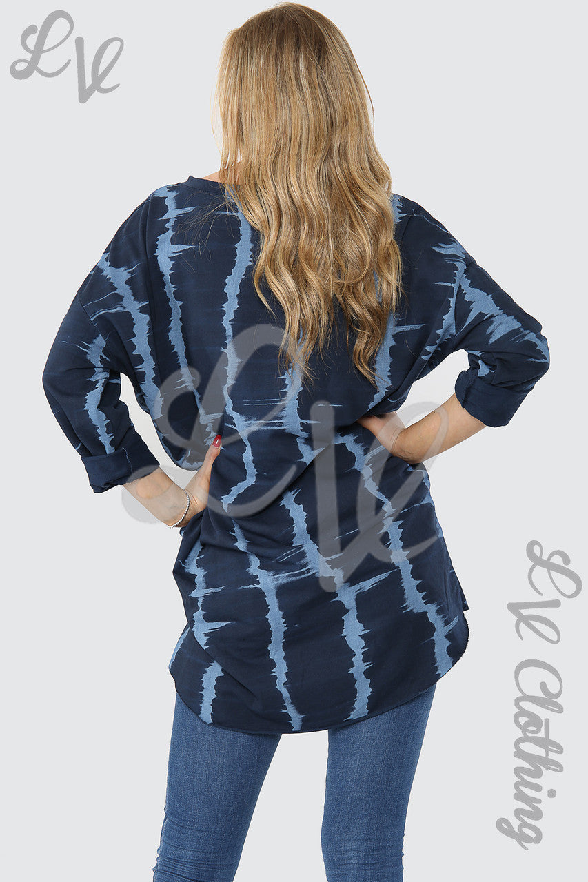 Ladies Tie Dye Print Tunic Top Navy - Unit Price £14.99