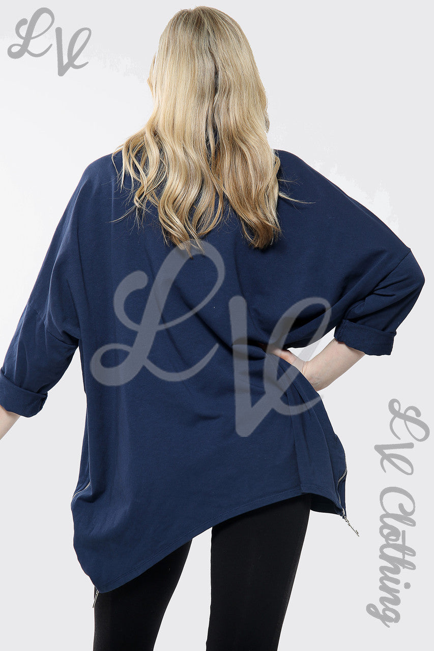 Dames Zilverkleurige CC Print Batwing Oversized Top Navy Stukprijs €15,99