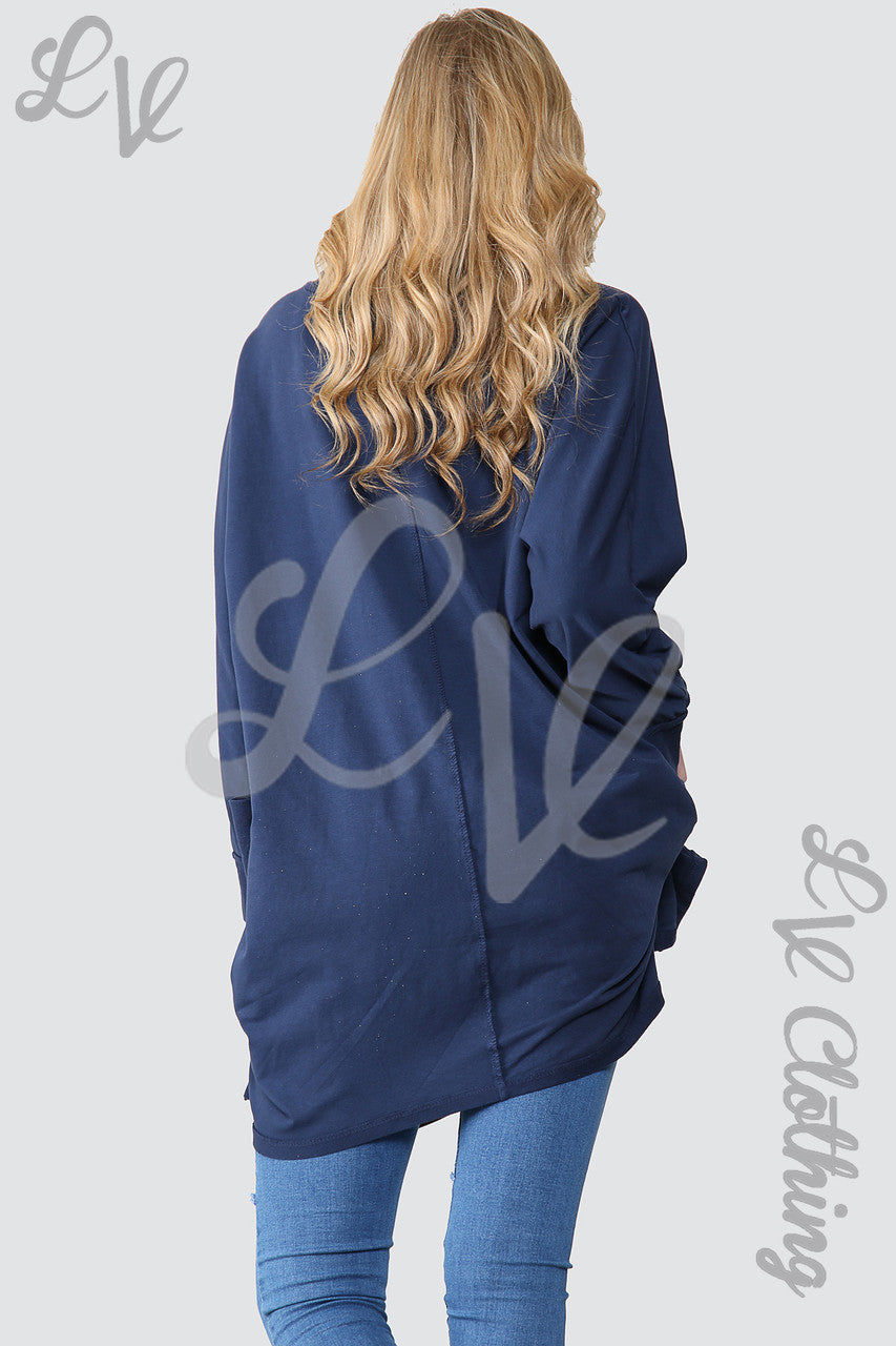 Ladies Plain Cowl Neck Oversized Tunic Top Navy - Unit Price £13.99