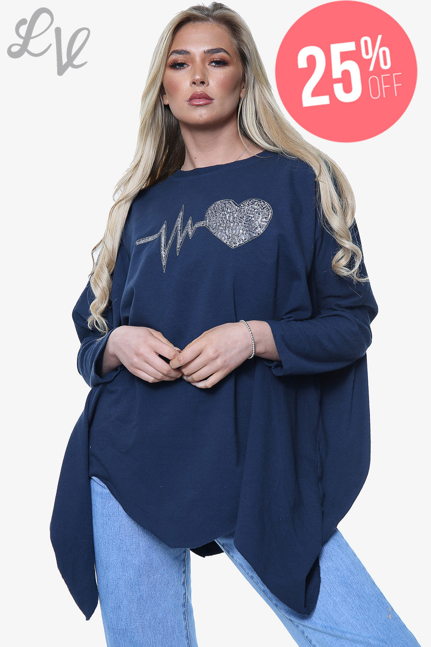 Dames Hartslag Grafisch Sweatshirt Top Marineblauw Stukprijs €13,99