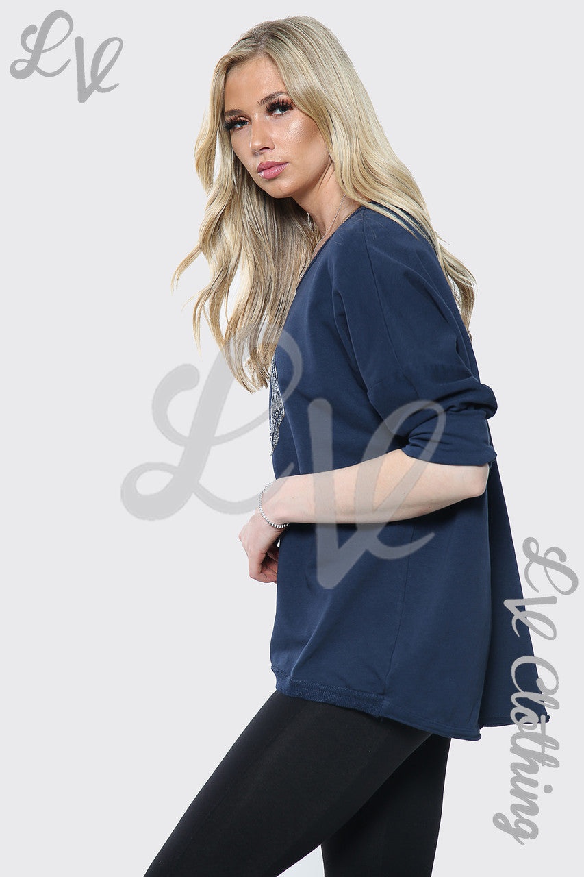 Dames Marineblauwe Italiaanse Top met Zilveren Hartjesprint Prijs WAS €12,99 NU €6,99