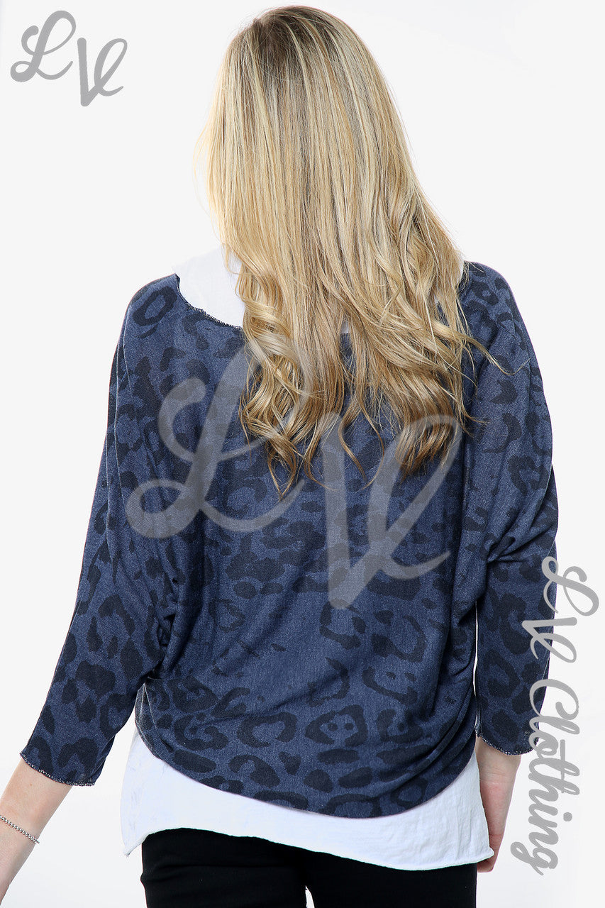 Dames Leopard Print 2-laags top met bijpassende sjaal marineblauw Prijs WAS €13,99 NU €6,99