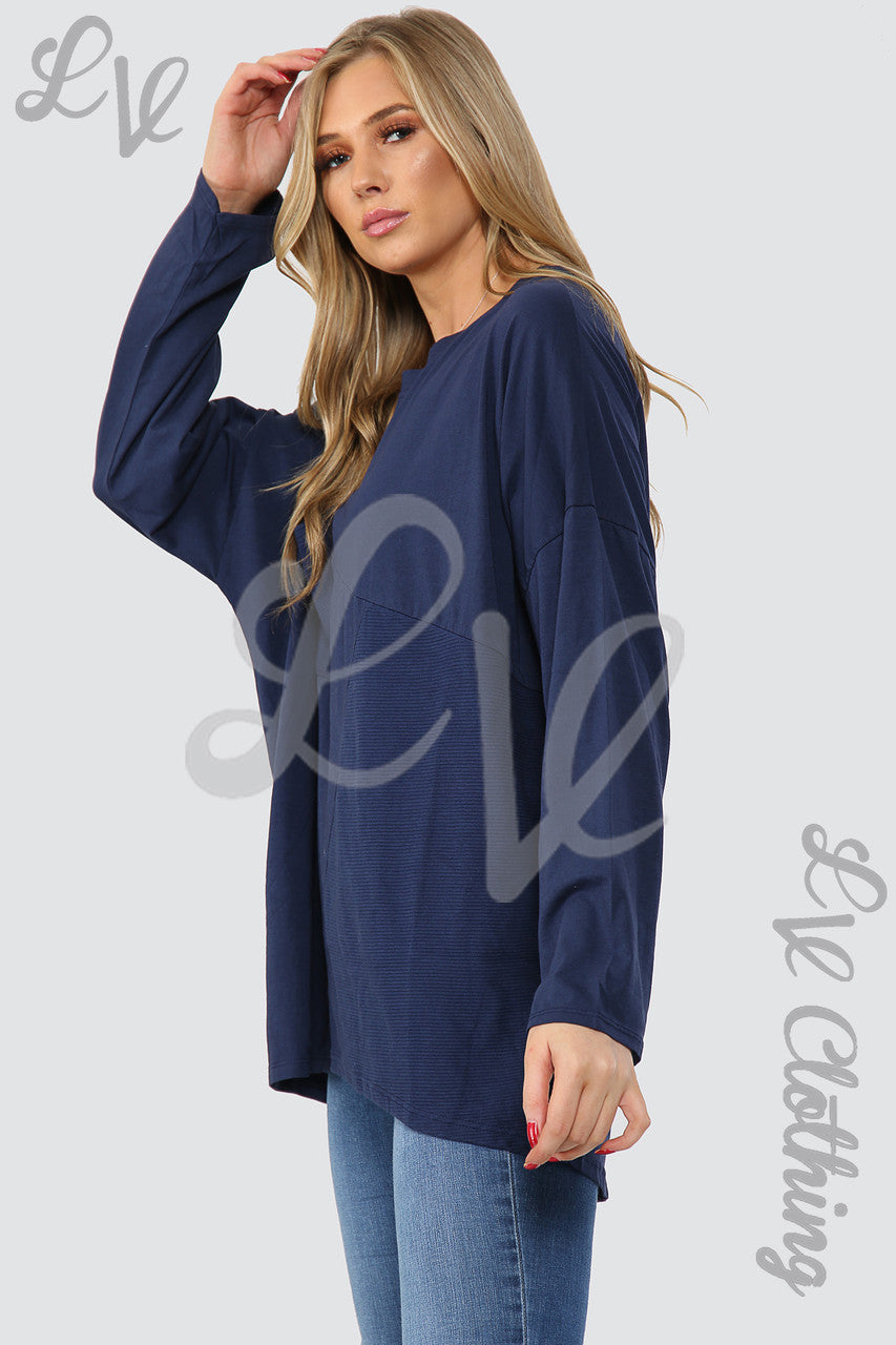 Ladies Ribbed Front Pocket Top Navy - Unit Price £11.99