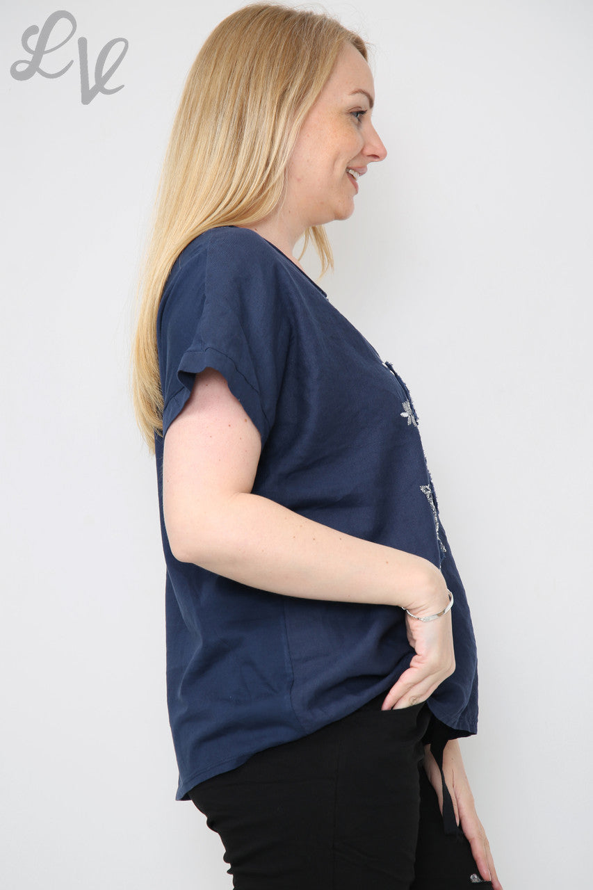 Dames Bloemen Pailletten & Applicatie Top Marineblauw Stukprijs €8,99
