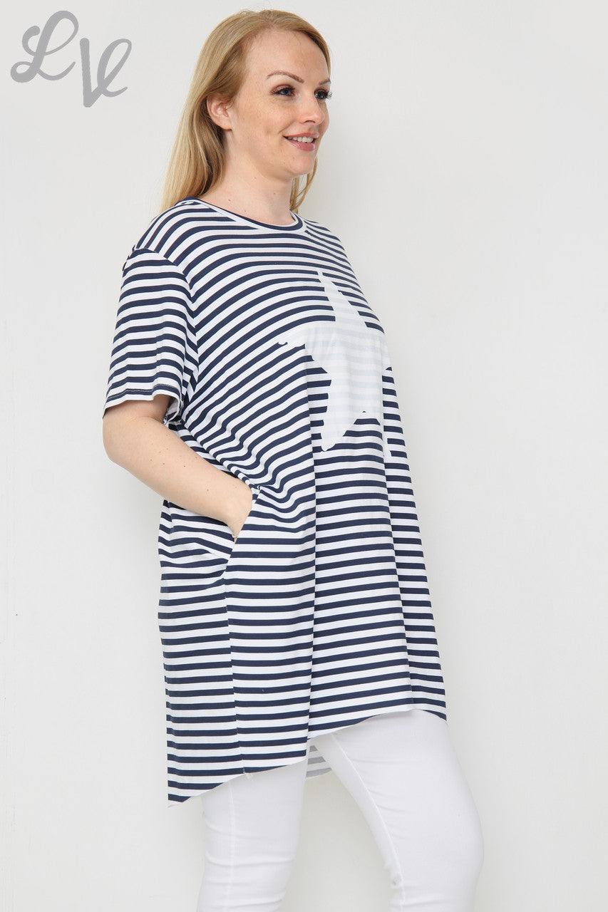 Ladies Short Sleeved Striped Star Top Navy Unit Price £8.99