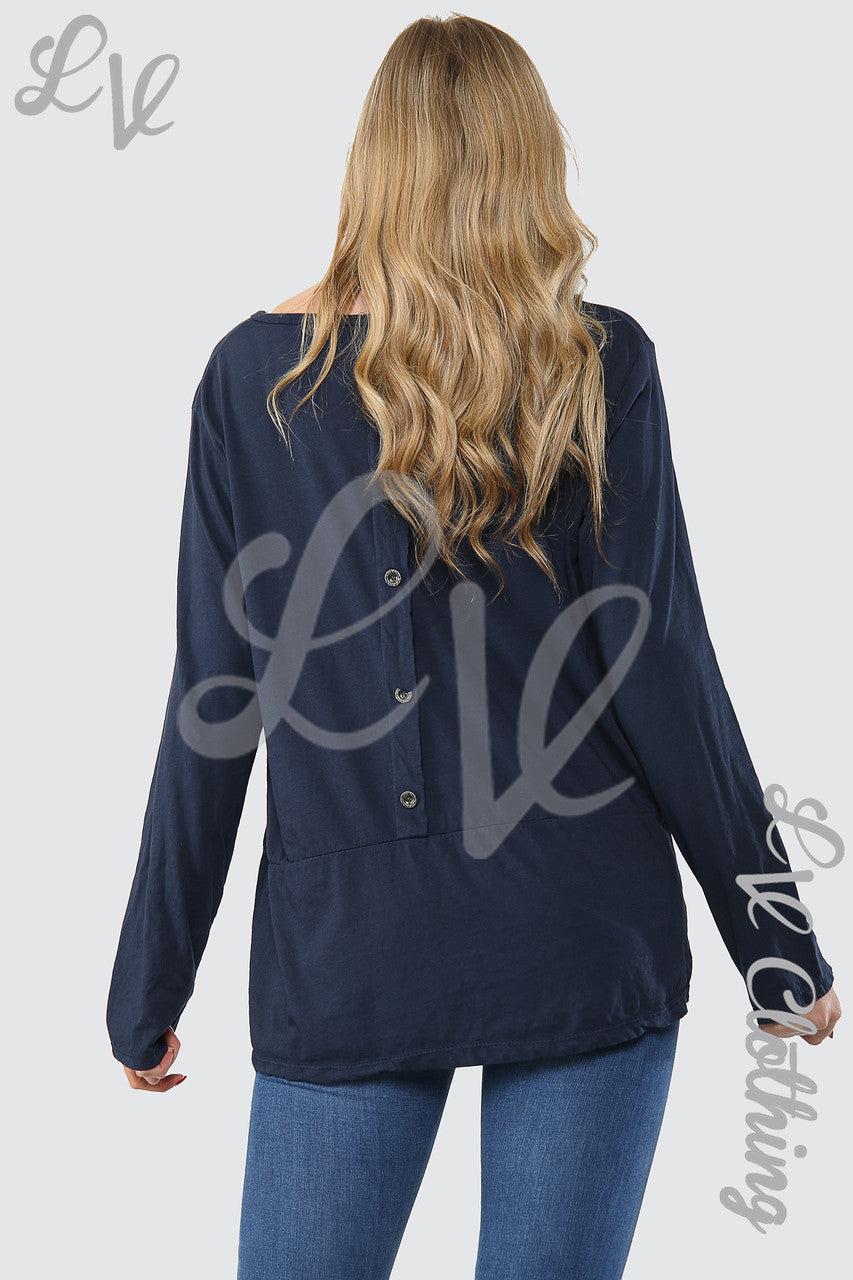 Dames Effen Oversized Top met Knoopsluiting op de Rug Marineblauw - Prijs per stuk € 8,99