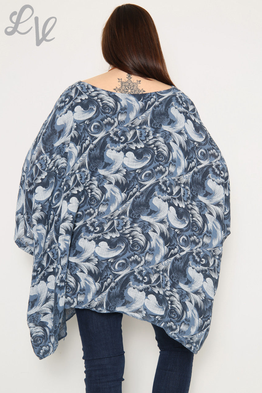 Dames Barokprint Vleermuismouw Top Marine Per stuk € 12,99