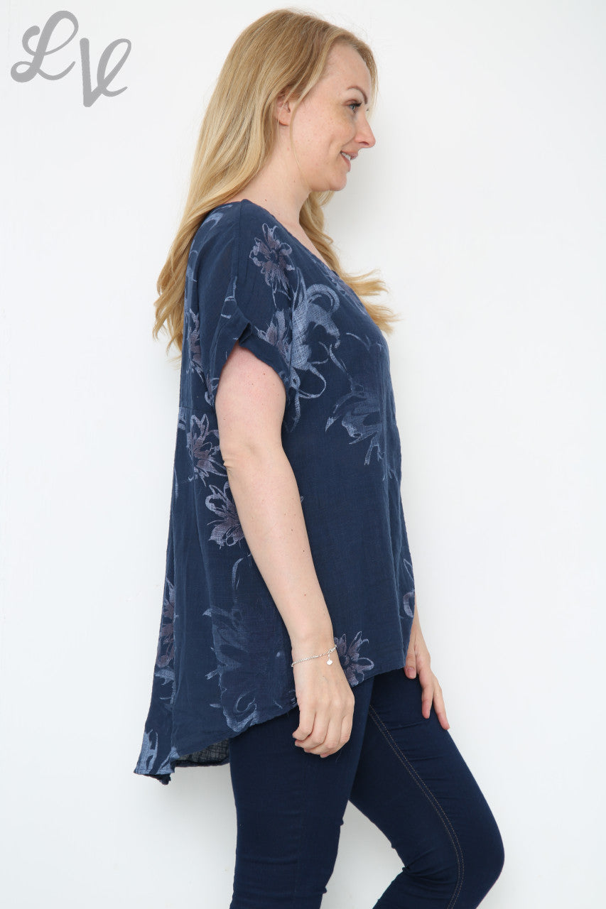 Dames top met abstracte bloemenprint marineblauw eenheidsprijs €10,99