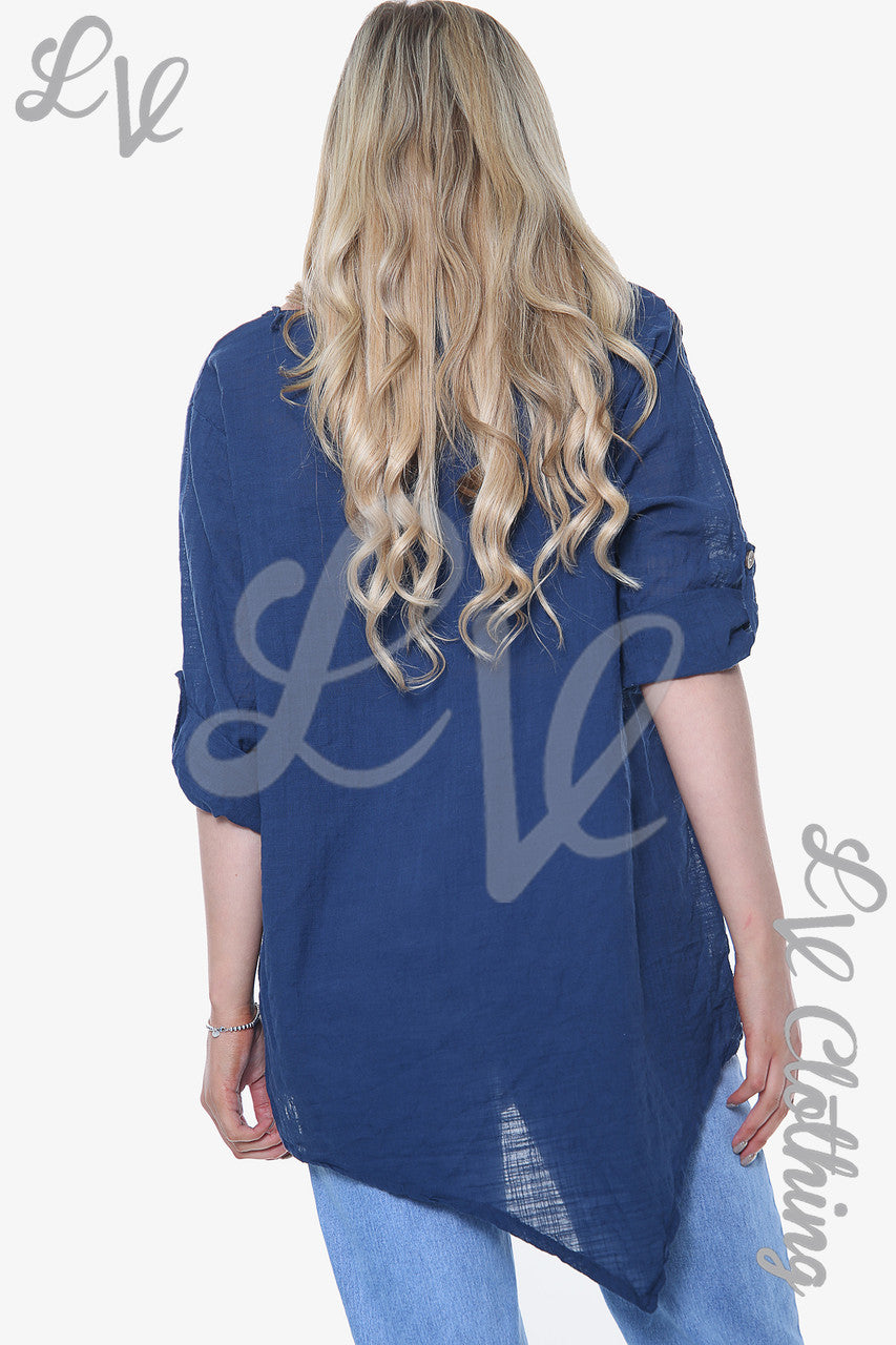Dames Effen Top met Gedrapeerde Zoom Marineblauw Stukprijs €9,99