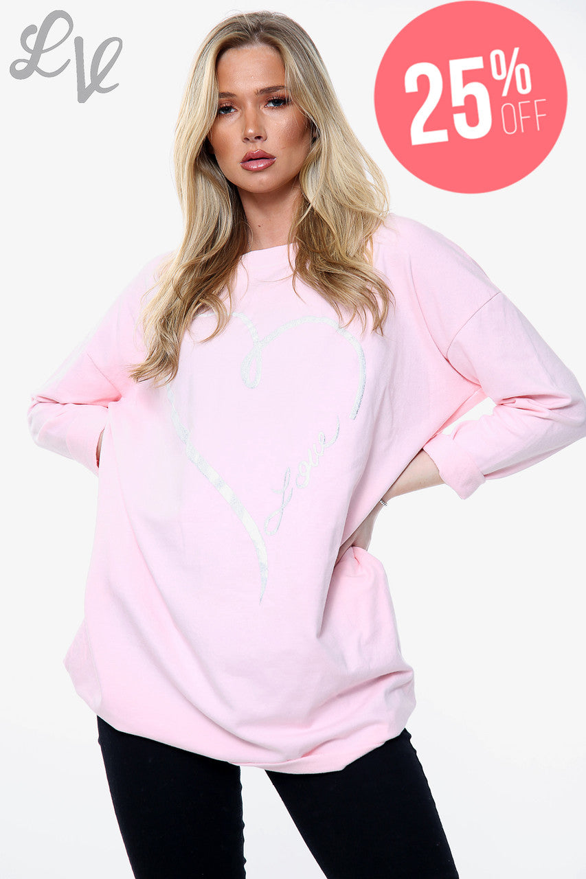 Dames Folie Hart Liefde Graphic Sweatshirt Top Roze Prijs WAS €12,99 NU €9,74