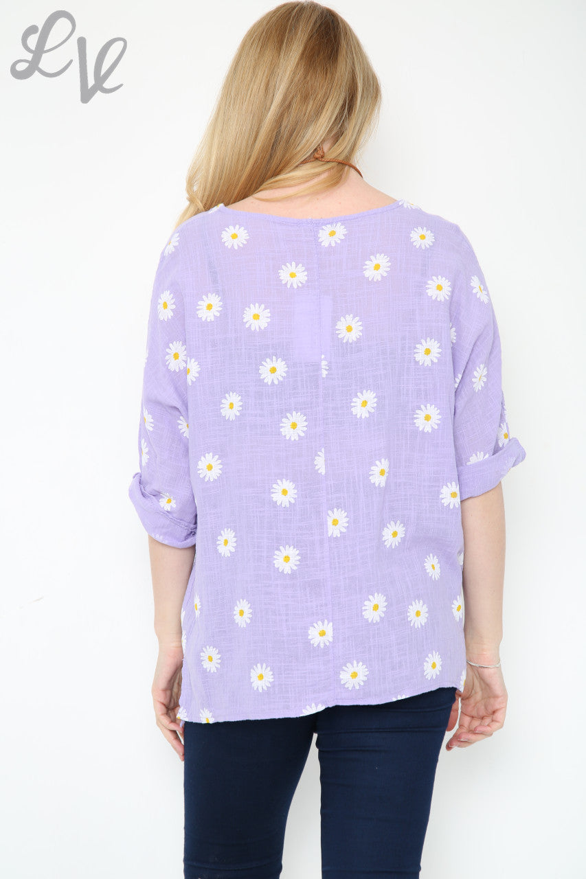 Dames top met ditsy madeliefjesprint en ketting paars per stuk £8,99
