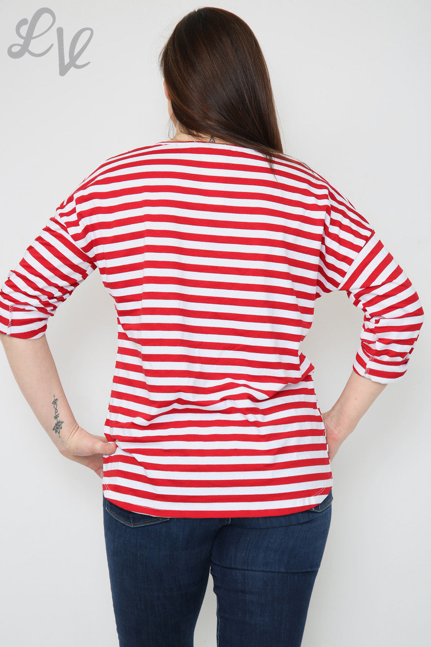 Dames gestreepte top met oprolmouwen rood Prijs per stuk € 8,99