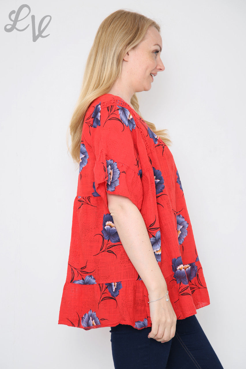 Dames Top Rode Bloemenprint Bloesem Prijs per eenheid € 7,99