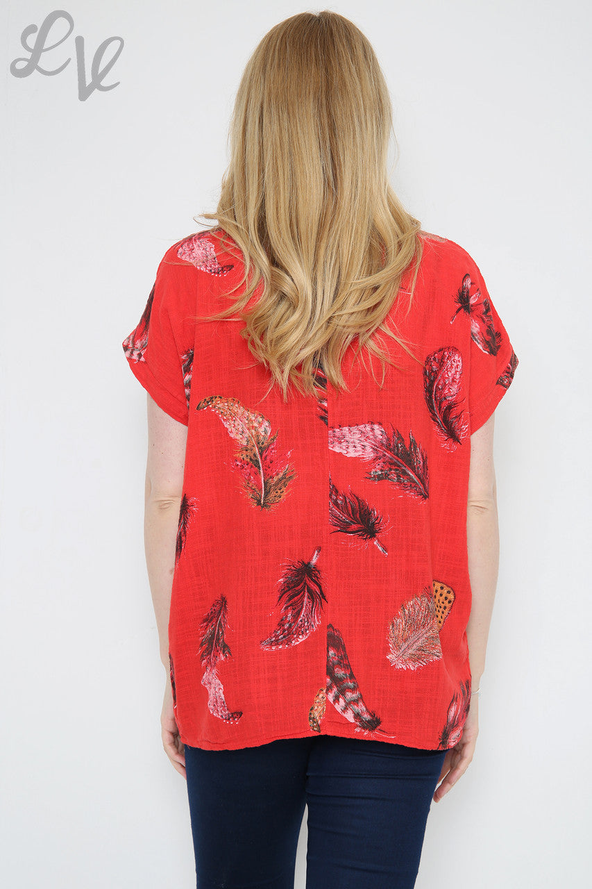 Dames Top met Kleurrijke Verenprint Rood Stukprijs € 9,99