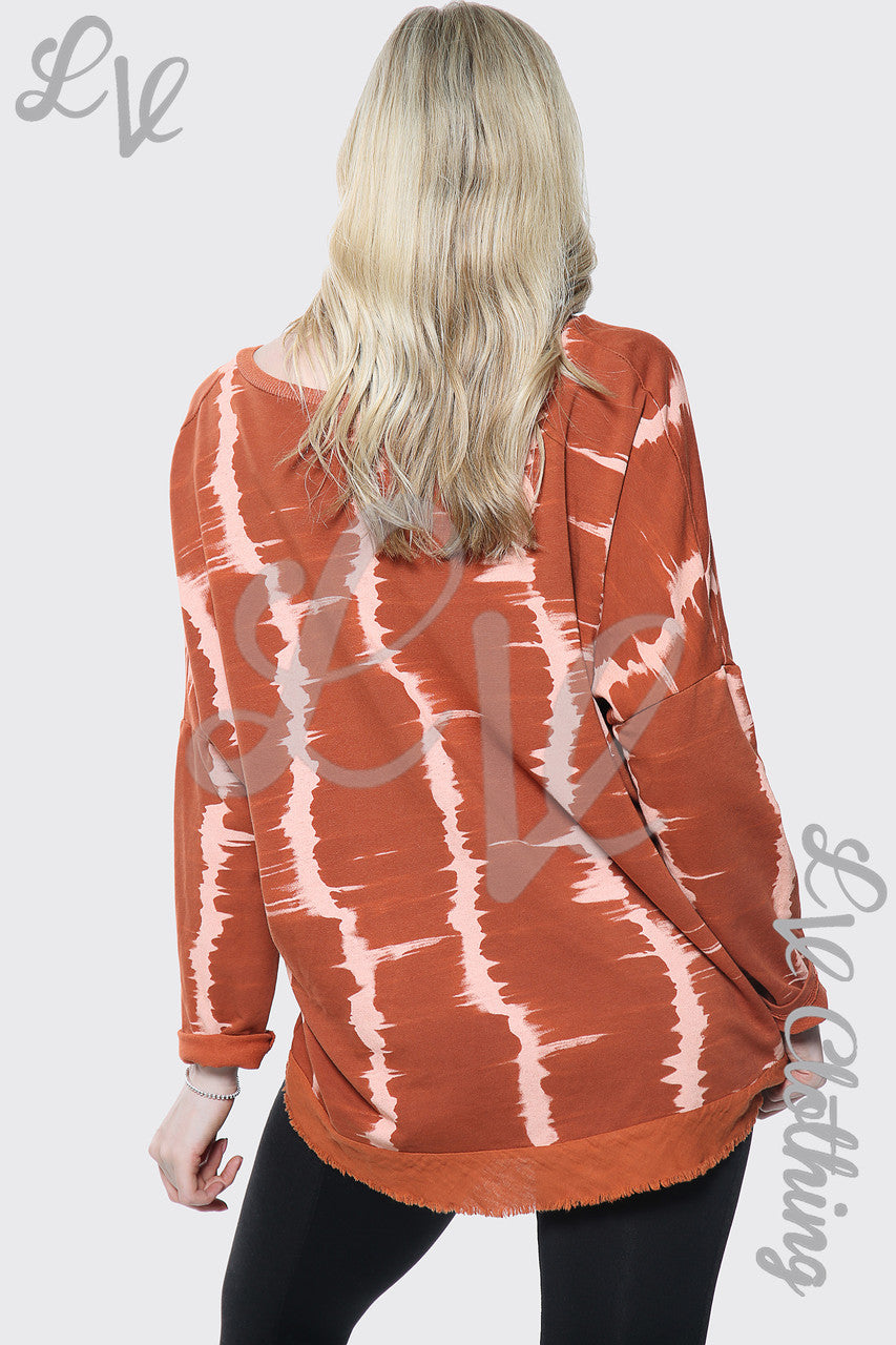 Ladies Tie Dye Print V Neck Oversized Top Rust Unit Price £11.99