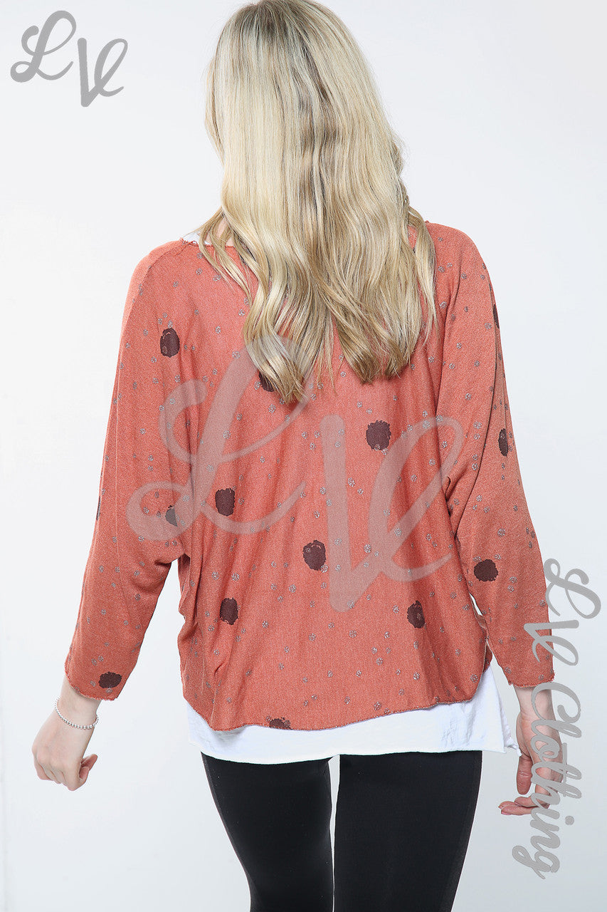 Dames top met dubbele laag, stippenprint en halsketting roest Eenheidsprijs € 11,99