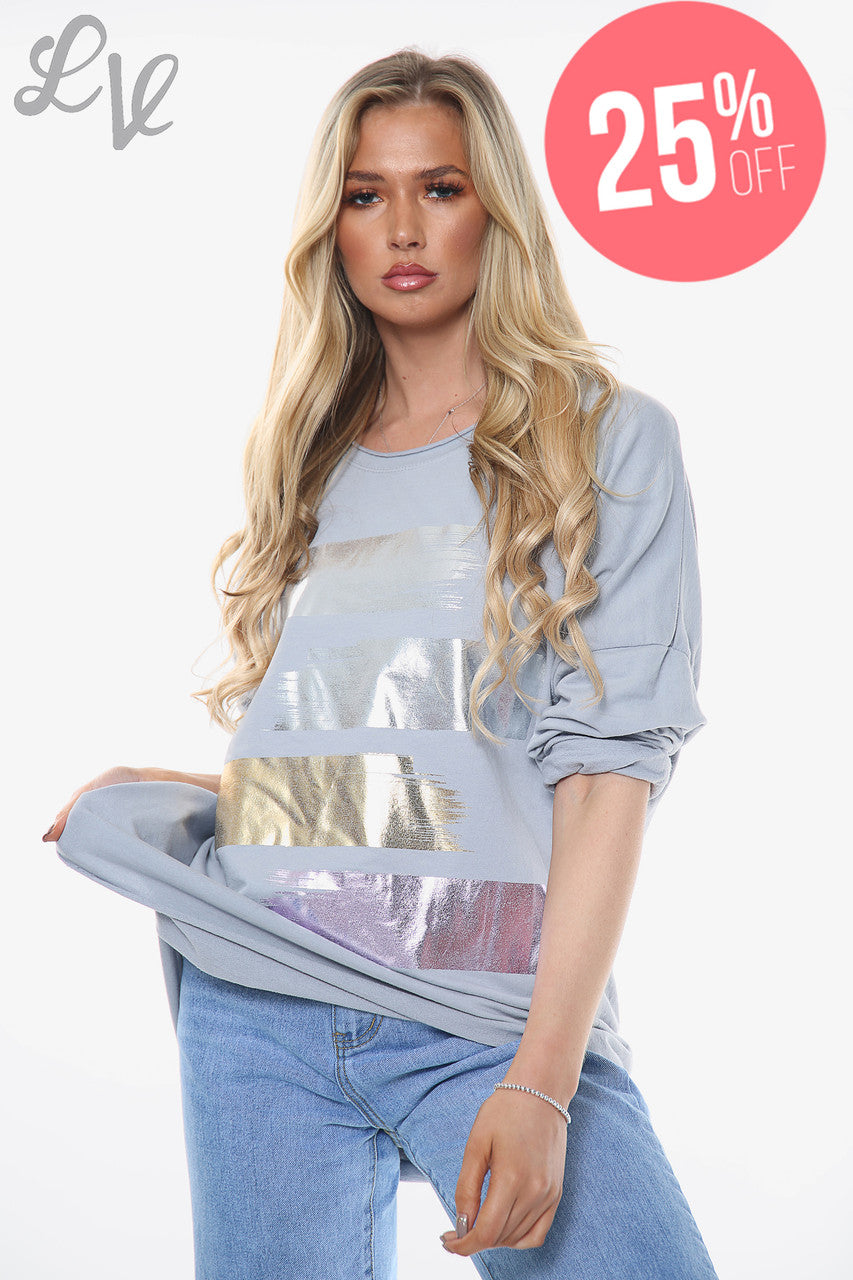 Ladies Foil Colourful Blocks Sweatshirt Top Silver Unit Price £11.99