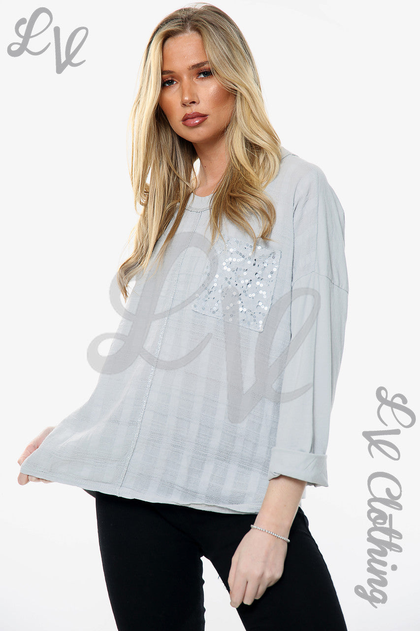 Ladies Sequin Embroidered Pocket Top Silver Unit Price £10.99