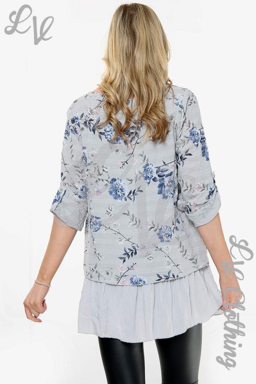Ladies Floral Print Top With Frill Bottom Silver Unit Price WAS £12.99 NOW £6.49