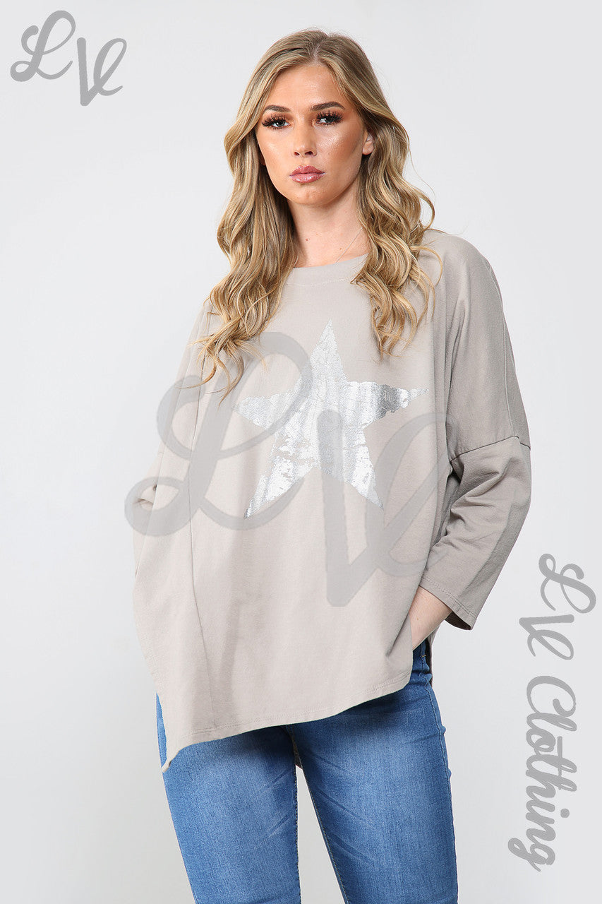 Ladies Silver Foil Star Oversized Tunic Top Taupe - Unit Price WAS £11.99 NOW £5.99