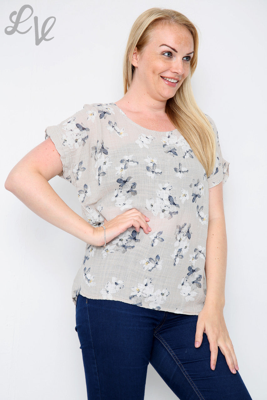 Ladies Floral Blossom Print Top Stone