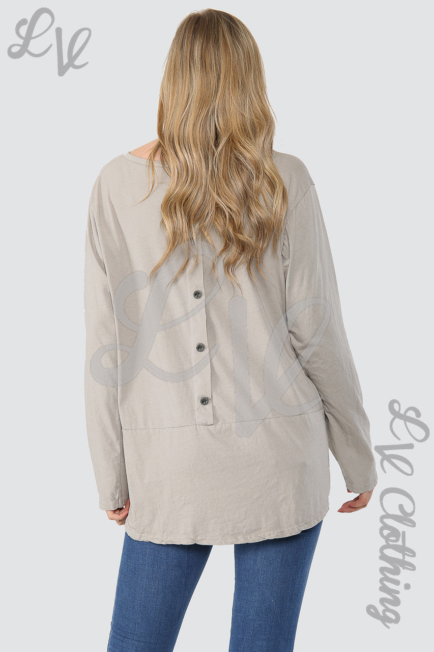Dames Effen Top met Knoopsluiting achter Oversized Steenkleurig - Stukprijs WAS 9.99 NU €4.99
