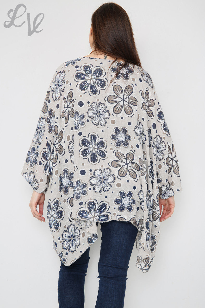 Dames Top met Vlermuismouw en Bloemenprint Steenkleurig