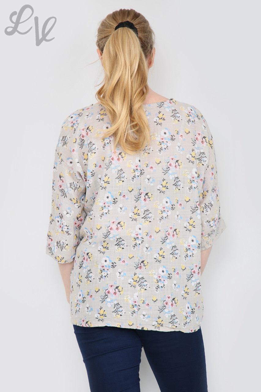 Dames top met bloemenprint en effen kleur Steen Stukprijs €7,99