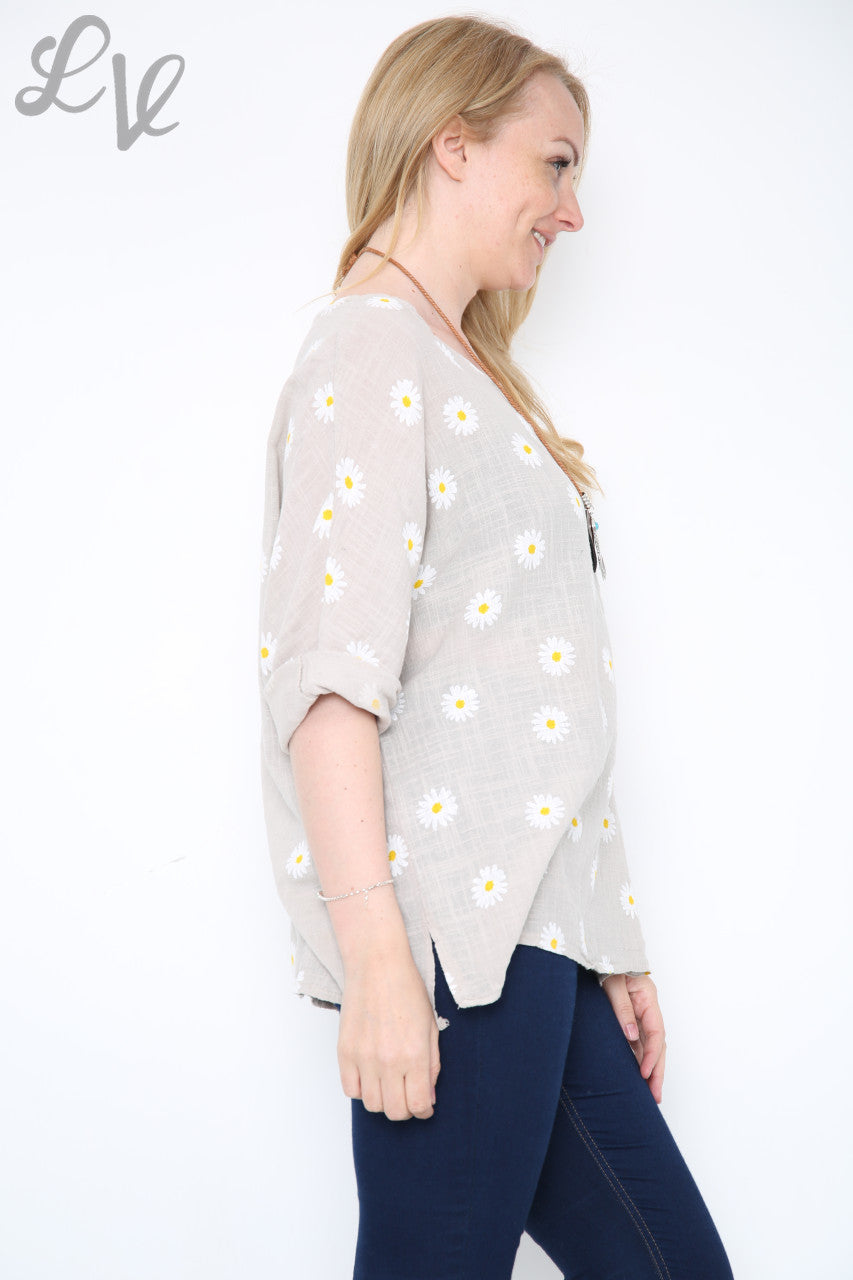 Ladies Daisies Floral Print Top Stone