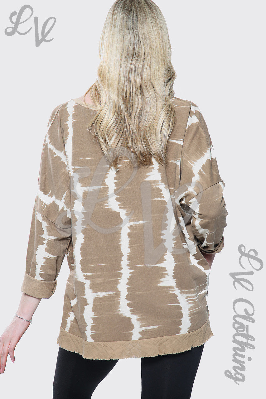Ladies Tie Dye Print V Neck Oversized Top Tan Unit Price £11.99