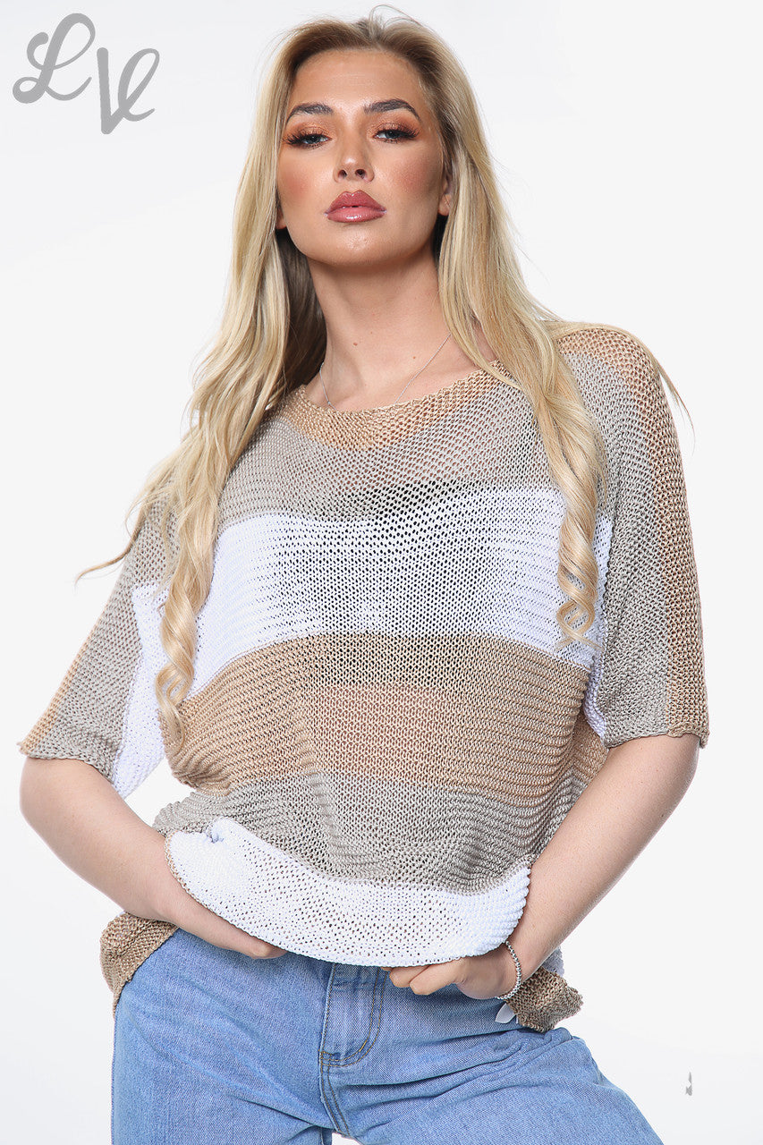 Dames Fijntricot Top met Kleurblokken Tan Stukprijs €9,99