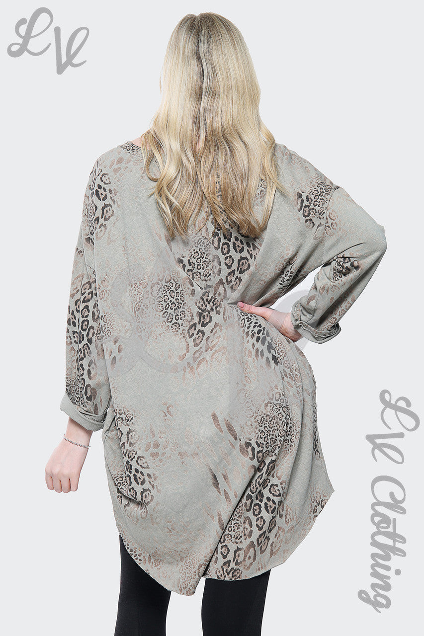 Dames Luipaardprint Italiaanse Oversize Vleermuismouwentop Taupe Stukprijs €16,99