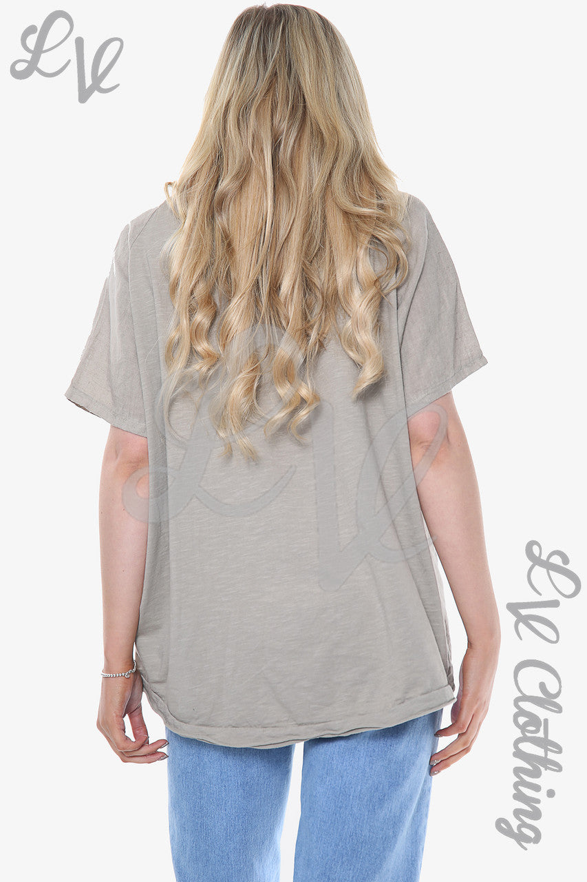 Dames Linnen Top met Bloemenapplicatie Taupe Prijs per stuk € 12,99
