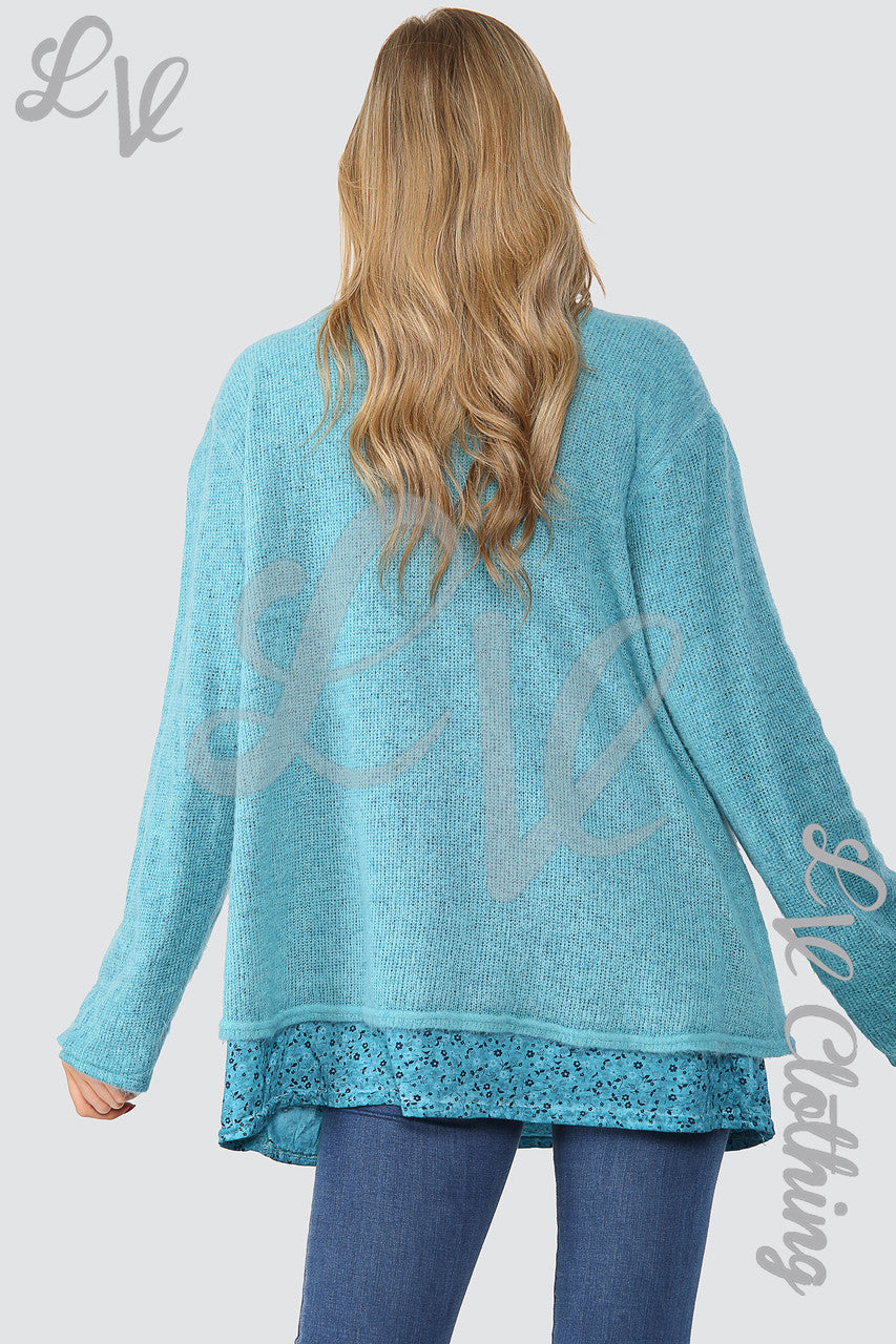 Ladies Floral Print Under-layer Jumper With Scarf Turquiose - Unit Price £14.99