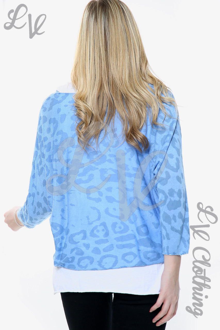 Dames top met luipaardprint, 2 lagen, met bijpassende sjaal, turkoois. Prijs per stuk WAS €13,99 NU €6,99