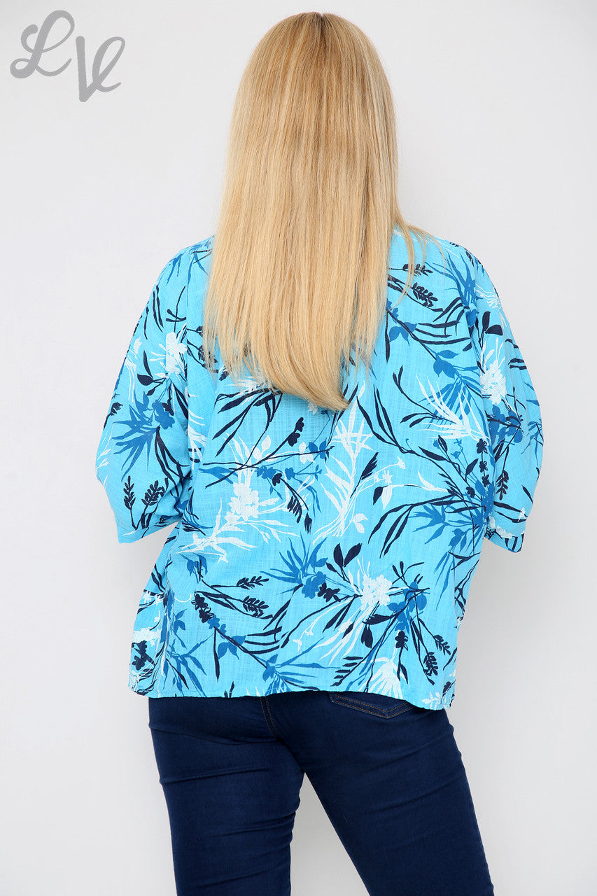 Damesbladprint top turquoise per stuk € 7,99