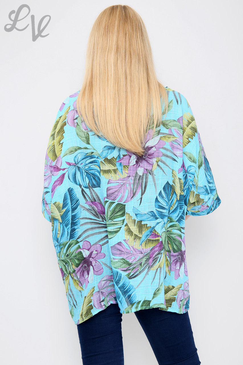 Dames Top met Tropische Print Turkoois - Eenheidsprijs € 9,99