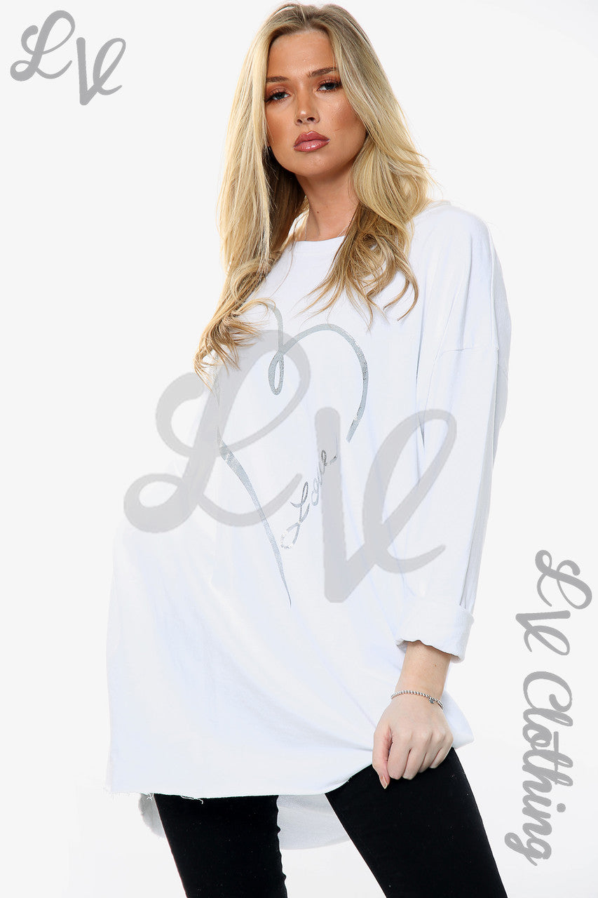 Dames Folie Hart Liefde Grafische Sweatshirt Top Wit Stukprijs £12,99