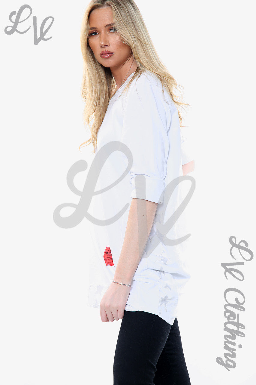 Ladies Star Print Neck & Hemline Top White Unit Price WAS £11.99 NOW £5.99