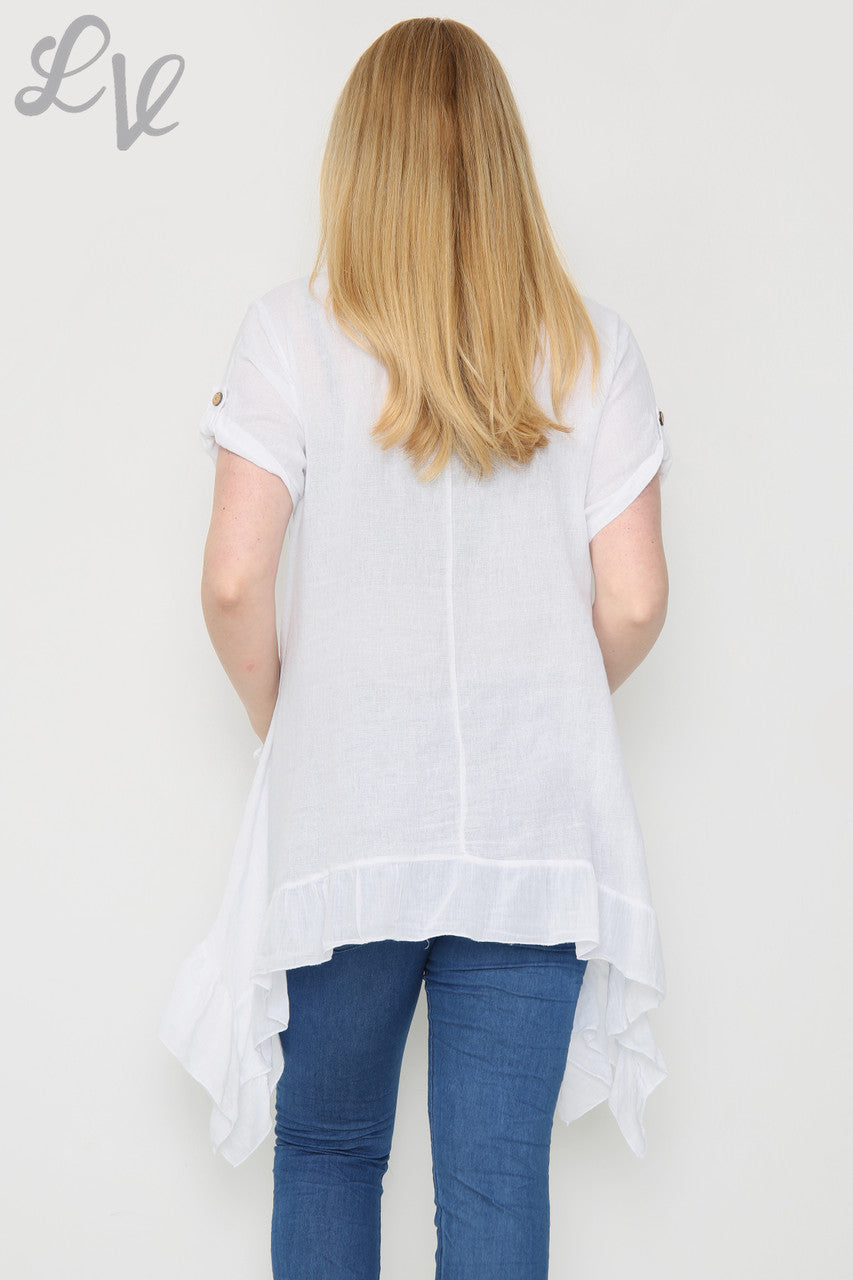 Dames wijde tuniek met ruches en zoom wit Prijs per stuk € 9,99