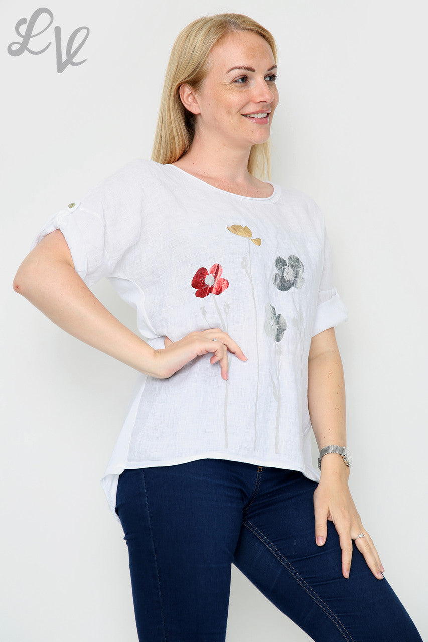 Ladies Foil Flowers Top White Unit Price £11.99