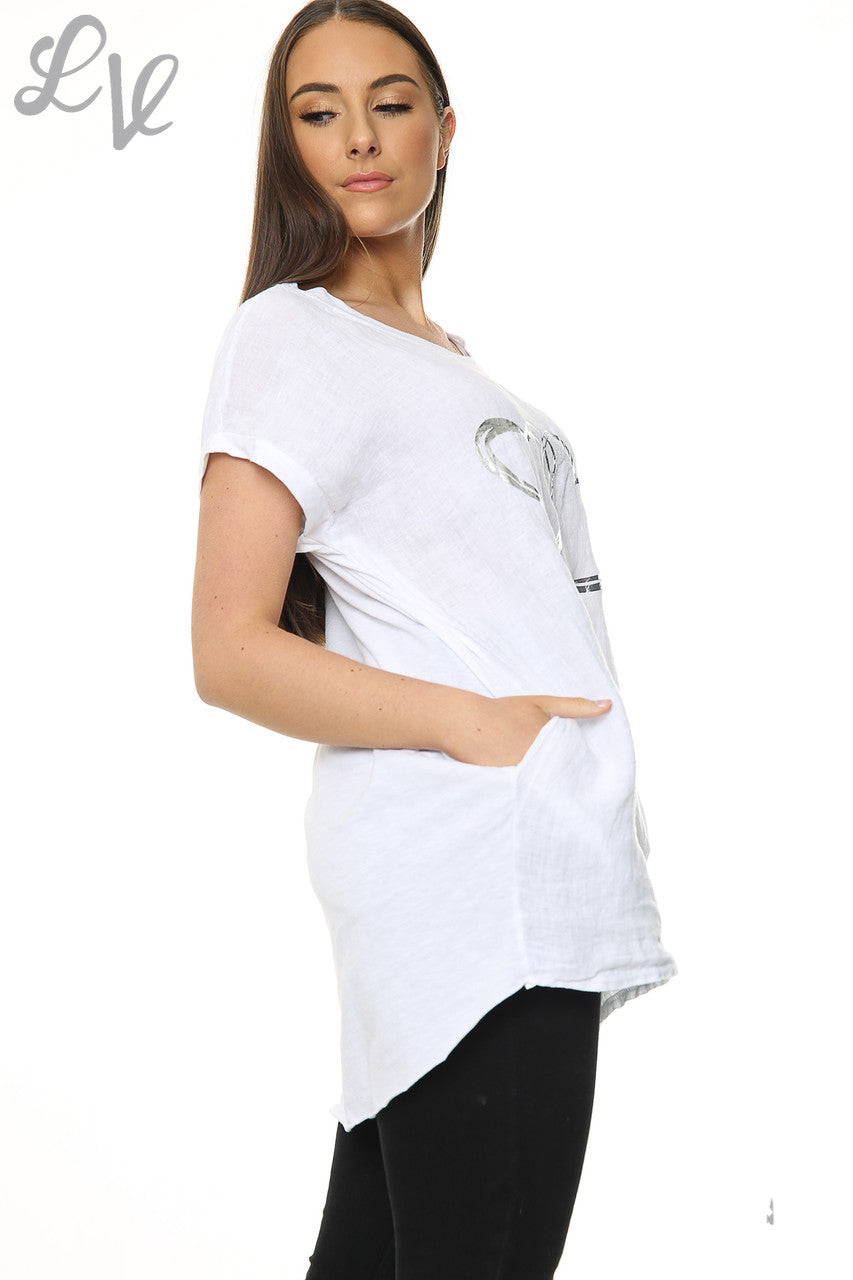 Dames Linnen Voorkant & Katoen Achterkant Folie Hartjes Top Wit Stukprijs £ 7,99