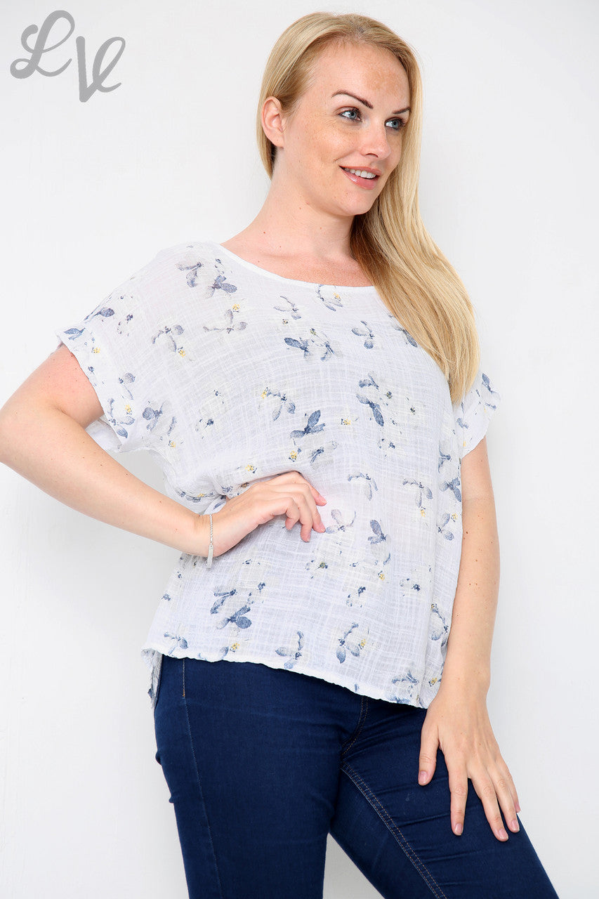 Ladies Floral Blossom Print Top White